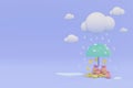 3D Rendering pastel coins and moneybag under an umbrella in rain with space for