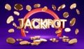 3D Rendering rain coins with text JACKPOT purple background. 3D