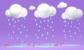 3d Rendering concept of rainy season. raining clouds on purple background