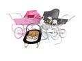 3d rendering concept set for sleeping baby, baby carriage pink and black hanging bed on white background no shadow Royalty Free Stock Photo