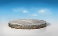 3D rendering concrete cement floor on circular layered soil stage podium isolated on blue sky
