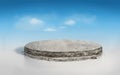 3D rendering concrete cement floor on circular layered soil stage, realistic 3D round podium isolated on blue sky