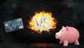 3d rendering of a concrete flaming letters VS stand between a credit card and a piggy bank.