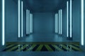 3d rendering of concrete room with pillars and blue light panels