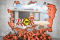 3d rendering of construction site seen through a gap in red brick wall. Building and construction. Royalty Free Stock Photo