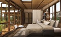 3D rendering contemporary wood bedroom with balcony Royalty Free Stock Photo