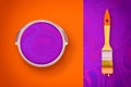 3d rendering of contrast orange and liquid-purple background with a paint bucket and a brush lying on differently Royalty Free Stock Photo