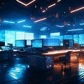 3D rendering of the control room of a large data center. AI generated