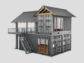 3d Rendering of Converted old shipping container into house, isolated gray, clipping path included