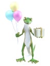3D rendering of a cool gecko holding balloons and gift