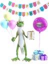 3D rendering of a cool gecko with party balloons and gift