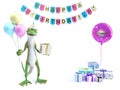 3D rendering of a cool gecko with party balloons and gifts