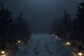 3d rendering of countryside road with snow trails and wooden lantern nect to fir trees at night