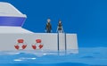 3d rendering. Couple divers preparing to dive. Divers jump in the sea to start diving