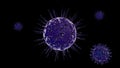 3D rendering of covid-19 coronavirus in blue on a dark background. A virus, a bacterium surrounded by microorganisms with flagella
