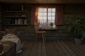 3d rendering of cozy chalet interior with beautiful view to the snow covered forest