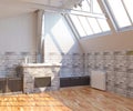 3d rendering of cozy loft interior bright room with fireplace and grey brick
