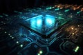 3d rendering of CPU with a circuit board on dark background. Technology concept, Futuristic microchip surface closeup with glowing