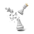 3d rendering of a cracked white chess king piece breaks under a flying white pawn with a golden crown. Royalty Free Stock Photo