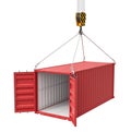 3d rendering of crane lifting open empty red shipping container isolated on white background Royalty Free Stock Photo