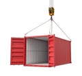 3d rendering of crane lifting open empty red shipping container isolated on white background Royalty Free Stock Photo