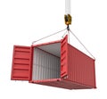 3d rendering of crane lifting open empty red shipping container isolated on white background Royalty Free Stock Photo