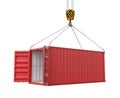 3d rendering of crane lifting open empty red shipping container isolated on white background Royalty Free Stock Photo