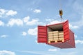 3d rendering of crane lifting open red shipping container filled with packs and wooden pallets on blue sky background Royalty Free Stock Photo