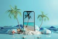 3D rendering, Creative summer beach on smartphone with blue background, summer vacation concept Royalty Free Stock Photo