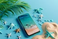 3D rendering, Creative summer beach on smartphone with blue background, summer vacation concept Royalty Free Stock Photo