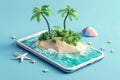 3D rendering, Creative summer beach on smartphone with blue background, summer vacation concept Royalty Free Stock Photo