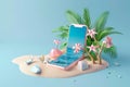 3D rendering, Creative summer beach on smartphone with blue background, summer vacation concept Royalty Free Stock Photo