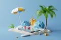 3D rendering, Creative summer beach on smartphone with blue background, summer vacation concept Royalty Free Stock Photo