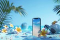 3D rendering, Creative summer beach on smartphone with blue background, summer vacation concept Royalty Free Stock Photo