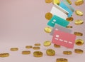 3D rendering credit cards and stack gold coins are falling isolated on pink background. Cashless society concept. Growth, income