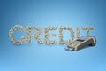 3d rendering of the CREDIT title formed with dollar bills with a point-of-sale terminal beside.