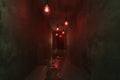 3d rendering of creepy grunge corridor with hanging light bulbs