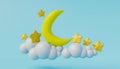 3d rendering Of crescent moon, white clouds and golden stars on a blue background. Royalty Free Stock Photo