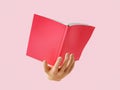 3D hand of crop person with opened book