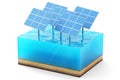 3d rendering of cross section of water cube isolated on white background. Blue Solar panels in the sea producing clean