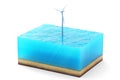 3d rendering of cross section of water cube isolated on white background. Wind turbine in the sea producing clean energy