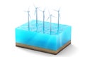 3d rendering of cross section of water cube isolated on white background. Wind turbines in the sea producing clean