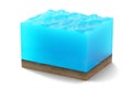 3d rendering of cross section of water cube with sandy bottom underwater isolated on white background.