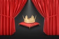 3d rendering of a crown on a red pillow as seen from behind open red stage curtain.