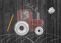 3d rendering of crumpled piece of paper, pencil, and chalk-drawn picture of tractor with real cogwheels instead of