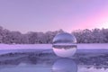 3d rendering of crystal ball on frozen lake in the evening sunlight