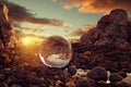 3d rendering of crystal ball on rocky terrain