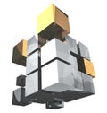 3d rendering cube silver and golden parts