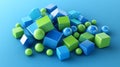 3D rendering cubic minimal composition with copy space. Blue green abstract geometric background. Royalty Free Stock Photo