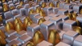 3D rendering of cubical and oval silver and golden tiles of different lengths